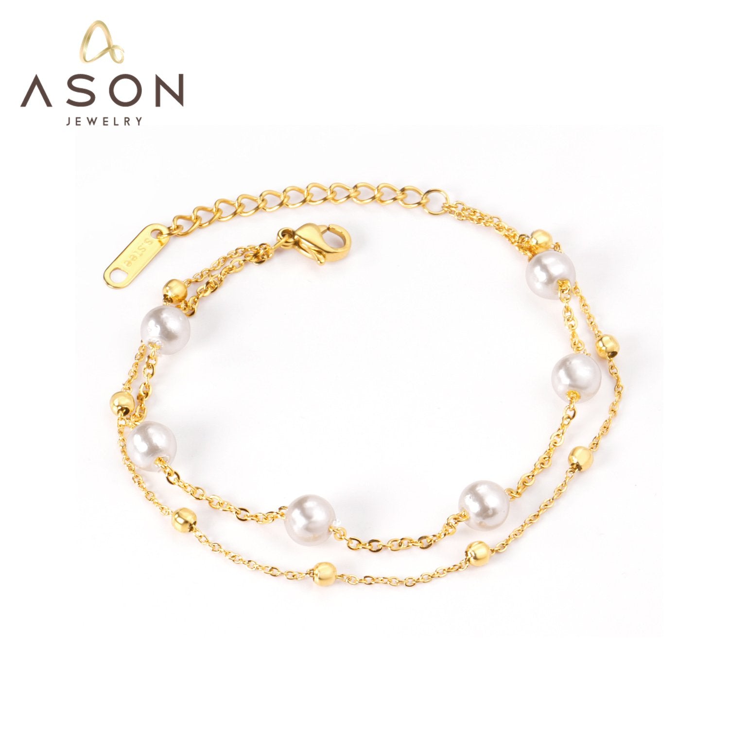 ASON Gold Color Steel Ball Imitation Pearl 316L Stainless Steel Bracelet for Women Bangle with Extender Fashion Jewelry asonjewelry